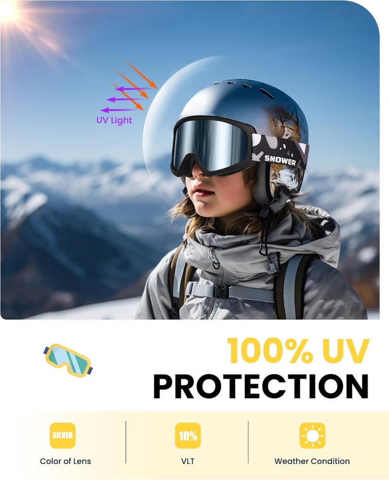 Snower Kids Ski Goggles, Anti-Fog Snow Goggles with OTG Design, 100% UV Protection, HD Lens for Kids Boys Girls - Image 2
